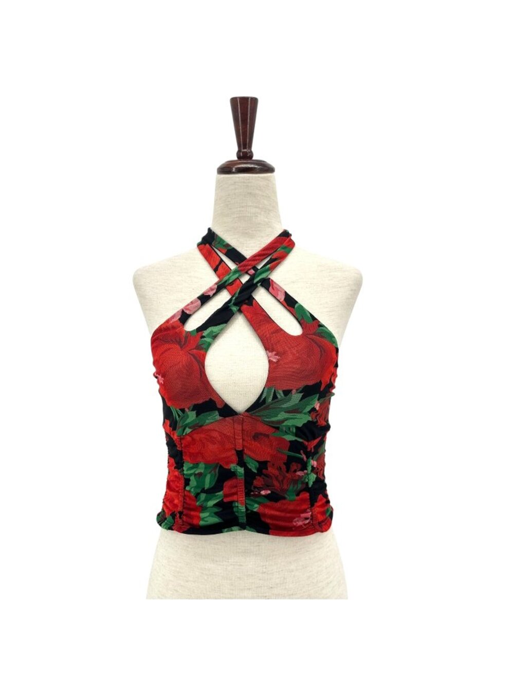 AFRM Womens XS Top Denver Top Rouge Garden Halter Crop Mesh Black Red Floral